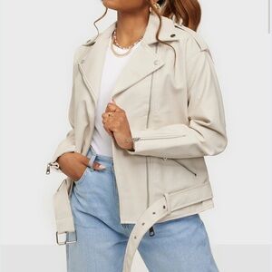 Missguided Cream Biker Jacket With Chunky Silver Zipper Details Size 6 23” PTP